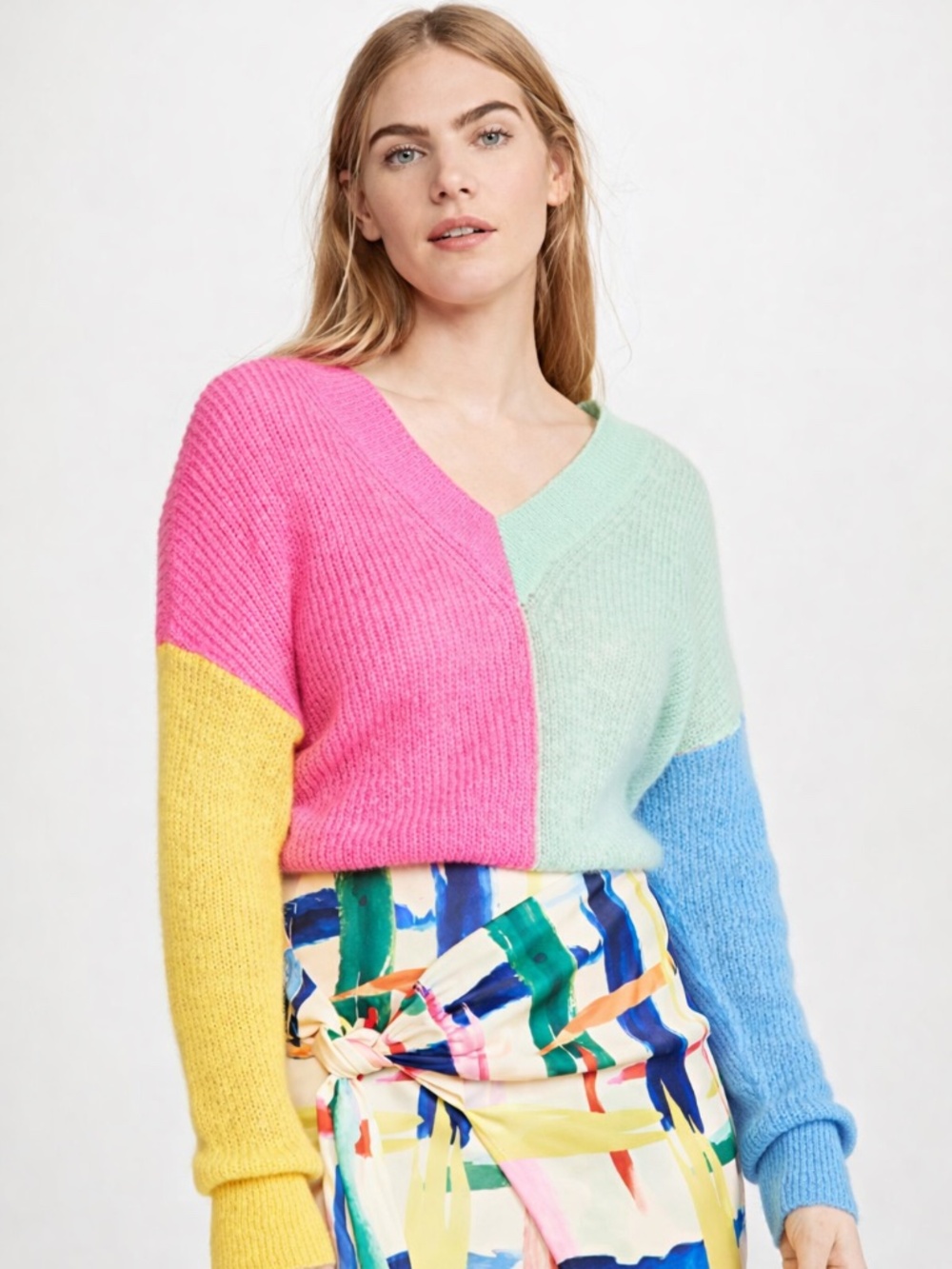 Colorblock V-Neck Sweater in Pink, Mint, Yellow & Blue